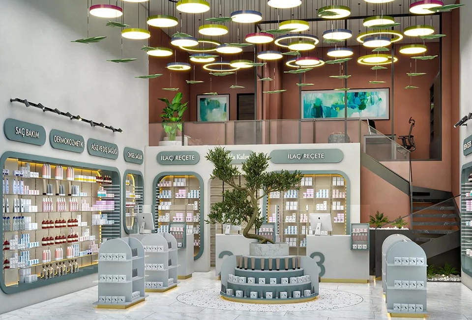Hafsanur Eczanesi iç mekanda ürün rafları ve aydınlatma
