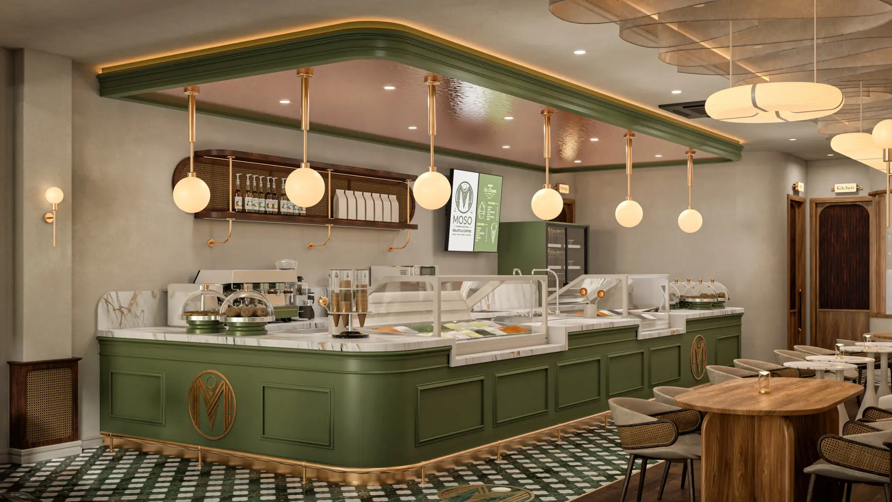 Moso Gelato iç mekanda oturma alanı ve aydınlatma kompozisyonu