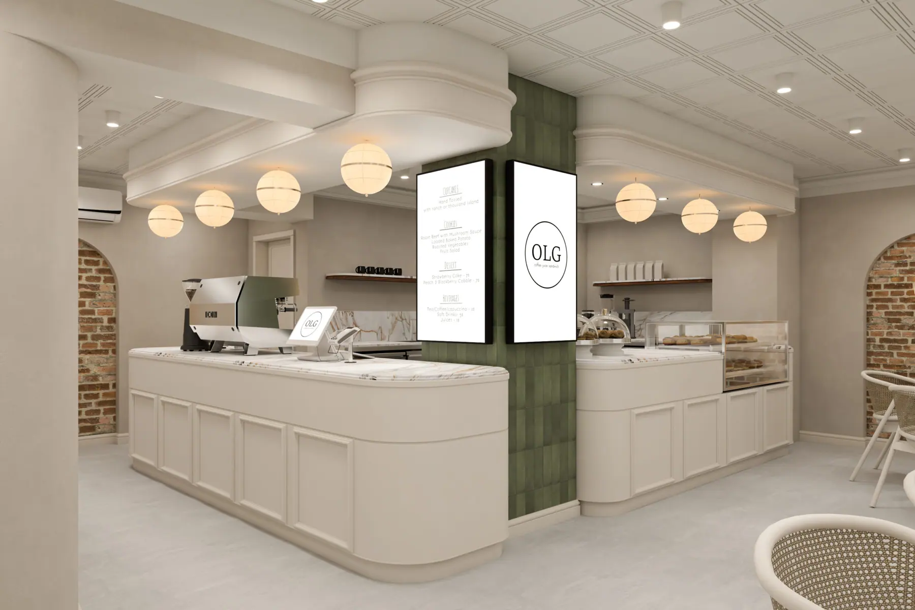 OLG Cafe projesinde merkezi tezgah ve aydınlatma kurgusu