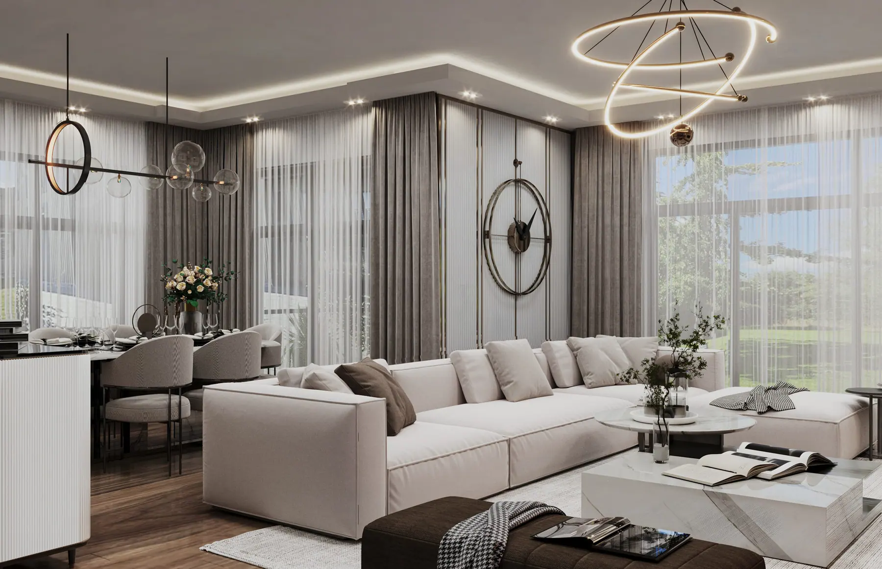 Özel villa projesinde salon ve yemek alanı görünümü